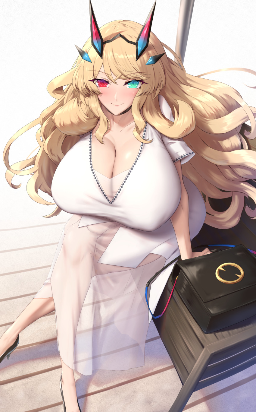 1girl, aqua_eyes, bag, barghest_(dream_portrait)_(fate), barghest_(fate), black_footwear, blonde_hair, blush, breasts, cleavage, collarbone, crossed_legs, dress, fate/grand_order, fate_(series), heterochromia, high_heels, highres, horns, huge_breasts, long_hair, looking_at_viewer, red_eyes, see-through_clothes, see-through_skirt, shiroshisu, short_sleeves, sitting, skirt, smile, solo, tiara, wavy_hair, white_dress