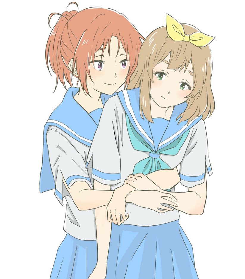 2girls, blonde_hair, blue_neckerchief, blue_sailor_collar, blue_skirt, blush, brown_hair, closed_mouth