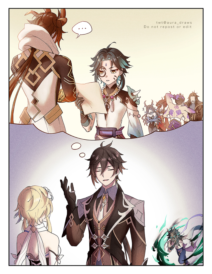 3girls, 4boys, ahoge, antenna_hair, asymmetrical_sleeves, aura_draws, bead_necklace, beads, black_gloves, blonde_hair, bonanus_(genshin_impact), bosacius_(genshin_impact), closed_eyes, colored_skin, dragon_horns, earrings, extra_arms, facial_mark, flower, gem, genshin_impact, gloves, hair_flower, hair_ornament, highres, holding, holding_paper, hood, hood_down, horns, indarias_(genshin_impact), jewelry, laughing, low_ponytail, lumine_(genshin_impact), menogias_(genshin_impact), multiple_boys, multiple_girls, necklace, necktie, paper, ponytail, rex_lapis_(genshin_impact), robe, running, single_earring, speech_bubble, tassel, tassel_earrings, thought_bubble, thumb_ring, white_flower, white_necktie, white_robe, xiao_(genshin_impact), yellow_eyes, zhongli_(archon)_(genshin_impact), zhongli_(genshin_impact)