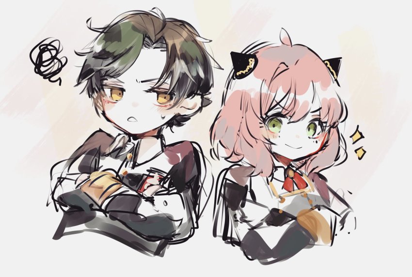 1boy, 1girl, anya_(spy_x_family), black_hair, child, crossed_arms, damian_desmond, eden_academy_school_uniform