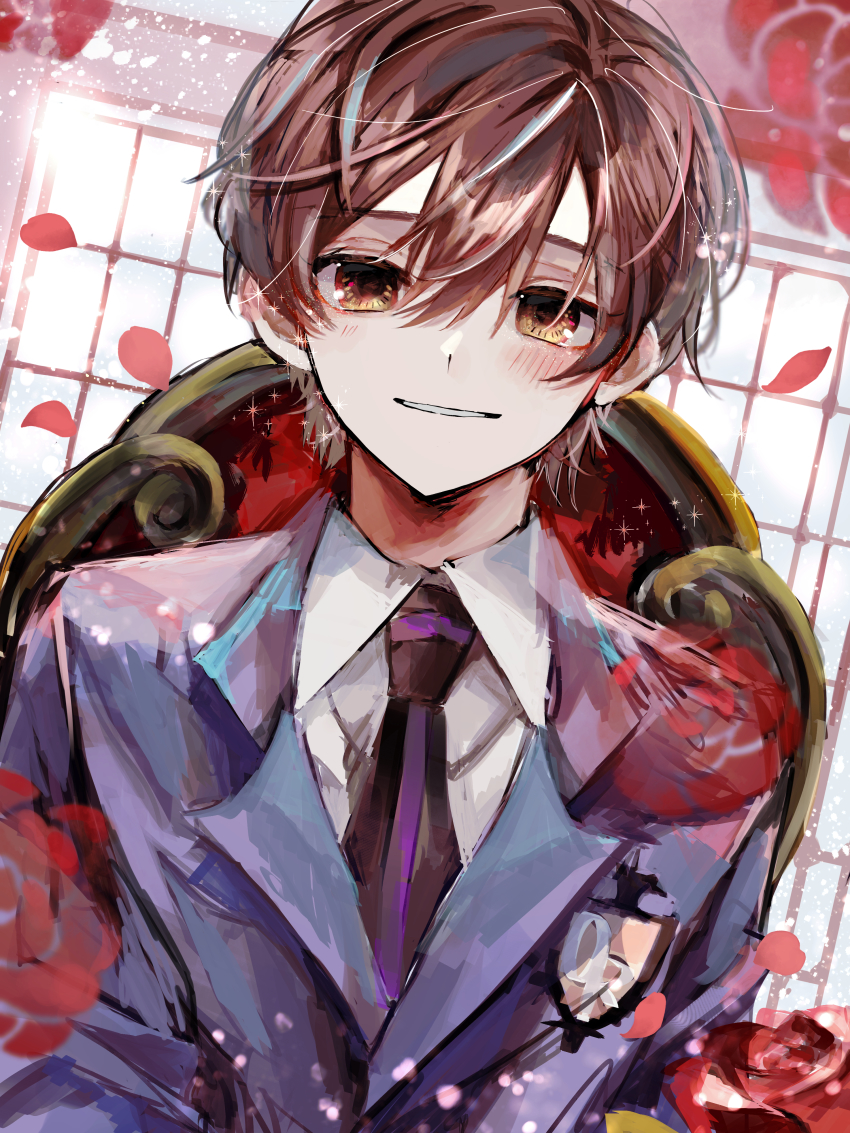 1girl, absurdres, androgynous, blazer, brown_eyes, brown_hair, chair, collared_shirt