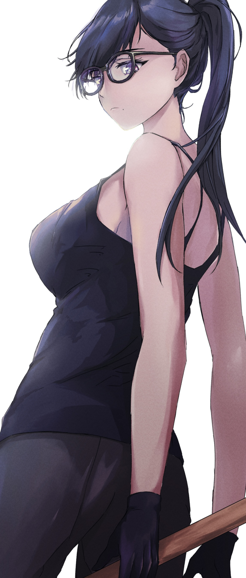 1girl, absurdres, black_hair, glasses, gloves, highres, holding, kurony_(sirony), minakata_hizuru, mole, mole_under_mouth, ponytail, purple_eyes, simple_background, solo, summertime_render, white_background