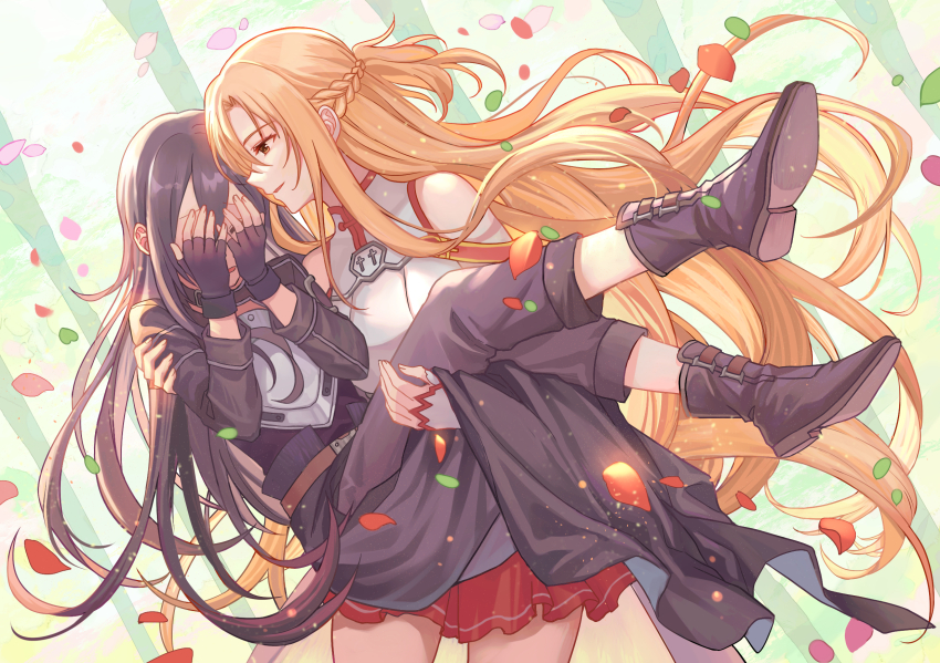 1boy, 1girl, armor, asuna_(sao), black_hair, blonde_hair, braid, brown_eyes