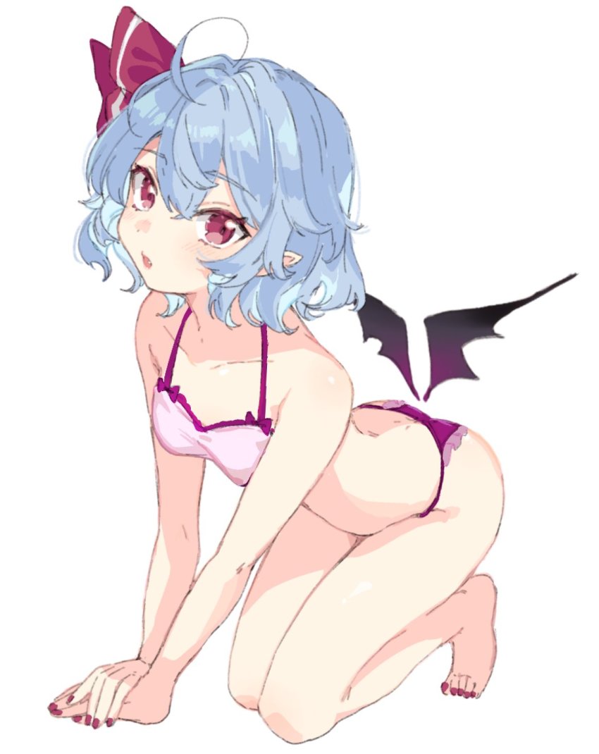 1girl, ahoge, all_fours, barefoot, bat_wings, blue_hair, blush, bra