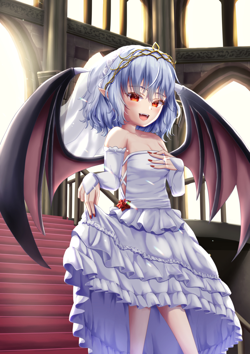 1girl, :d, alternate_costume, bare_shoulders, bat_wings, blue_hair, breasts, bridal_gauntlets