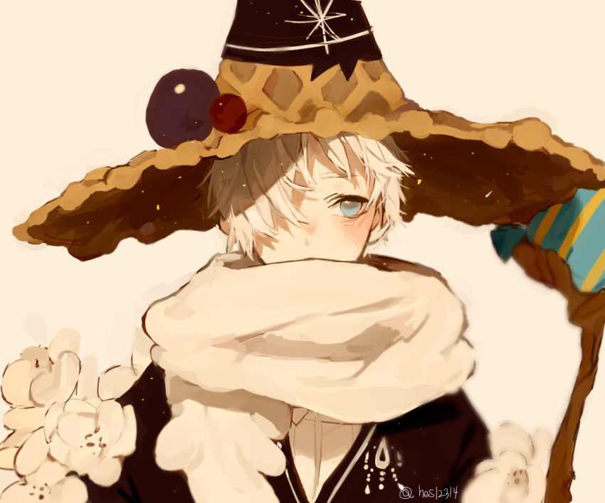 1boy, adjusting_clothes, arms_up, brown_pants, commentary_request, cookie_run, diagonal_stripes, hat