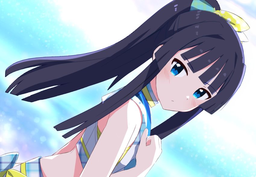 1girl, black_hair, blue_eyes, blunt_bangs, blush, commentary_request, dutch_angle, hand_on_own_chest, idolmaster, idolmaster_million_live!, long_hair, looking_at_viewer, looking_to_the_side, mogami_shizuka, ponytail, solo, trinitro_(nitro_koubou)