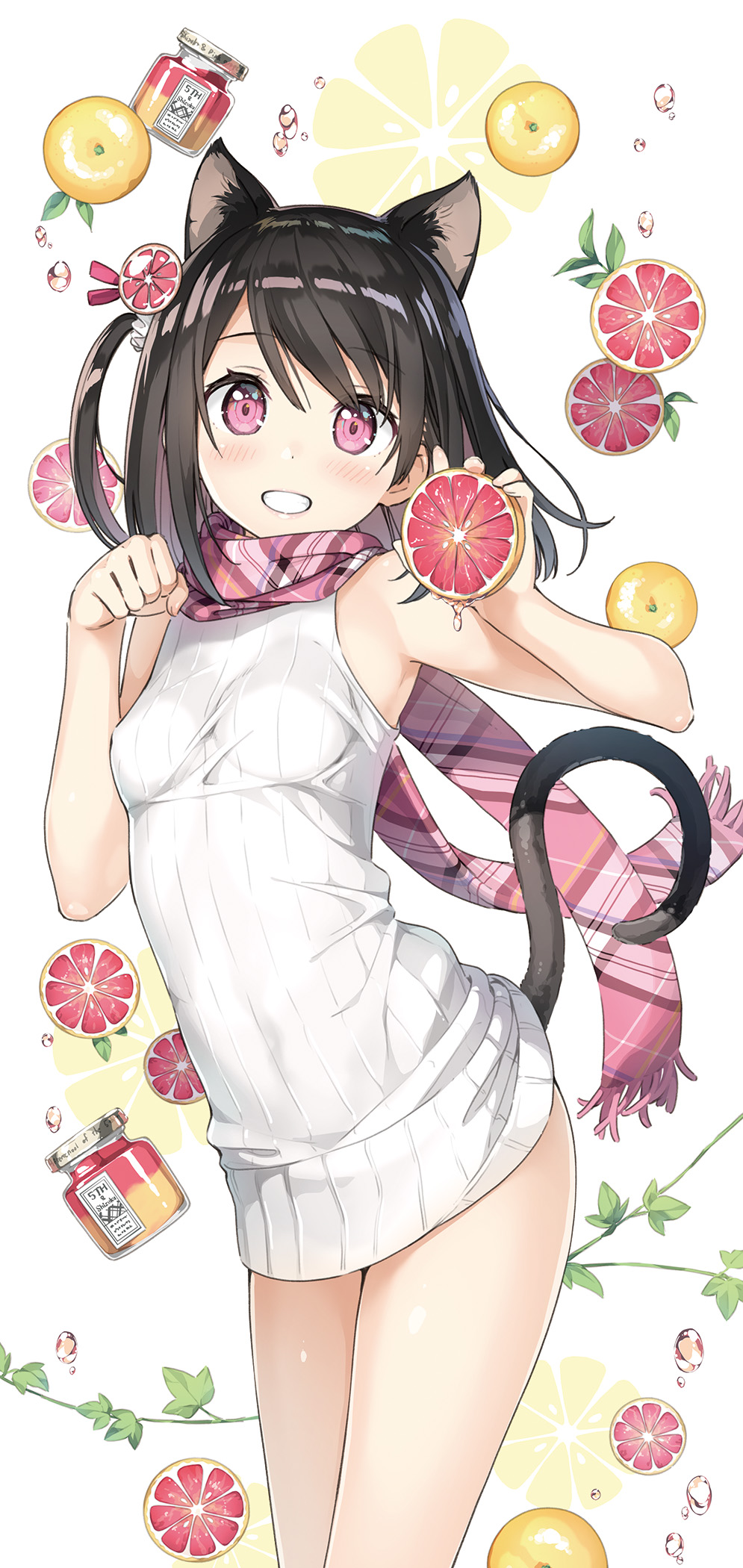 1girl, :d, animal_ears, black_hair, breasts, cat_ears, cat_tail, commentary_request