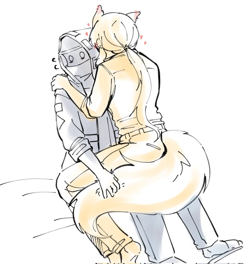 1girl, 1other, alternate_costume, ambiguous_gender, animal_ears, arknights, belt, blush