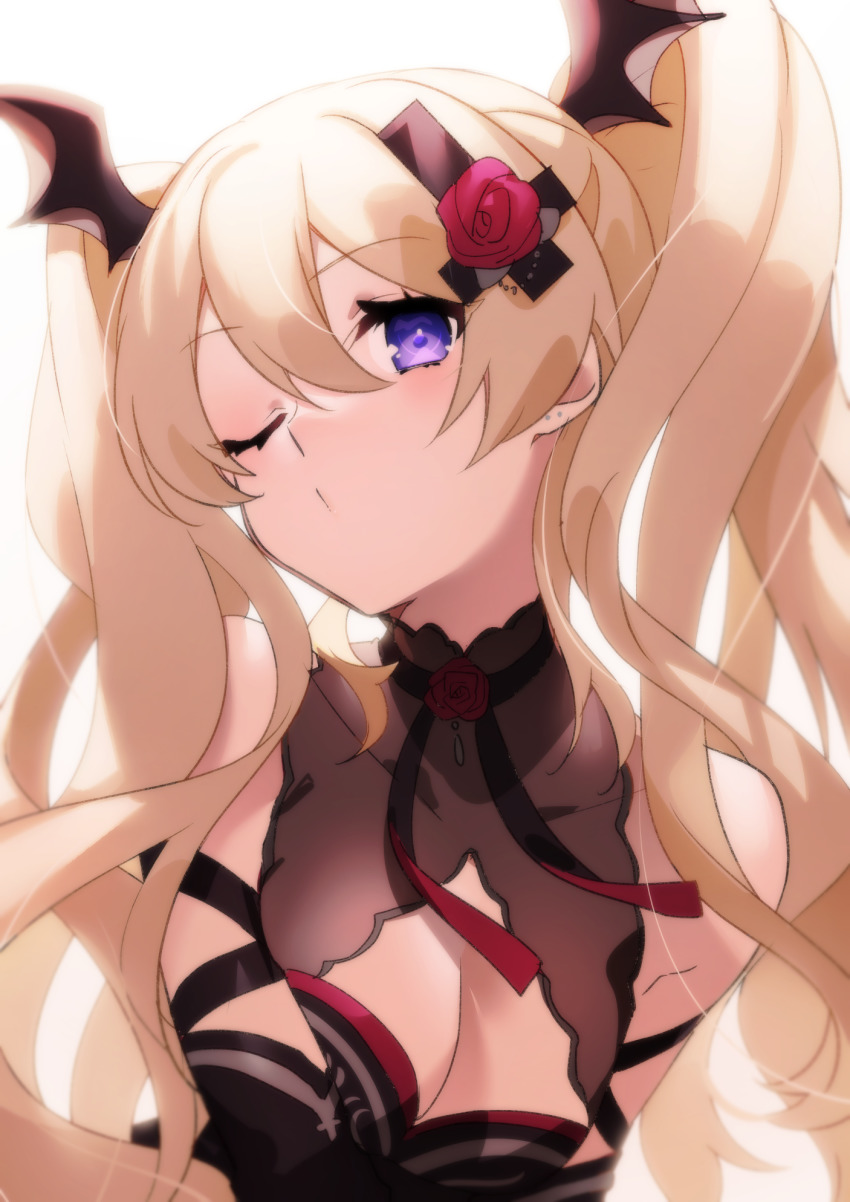 1girl, backlighting, bare_shoulders, black_dress, blonde_hair, breasts, cleavage, closed_mouth