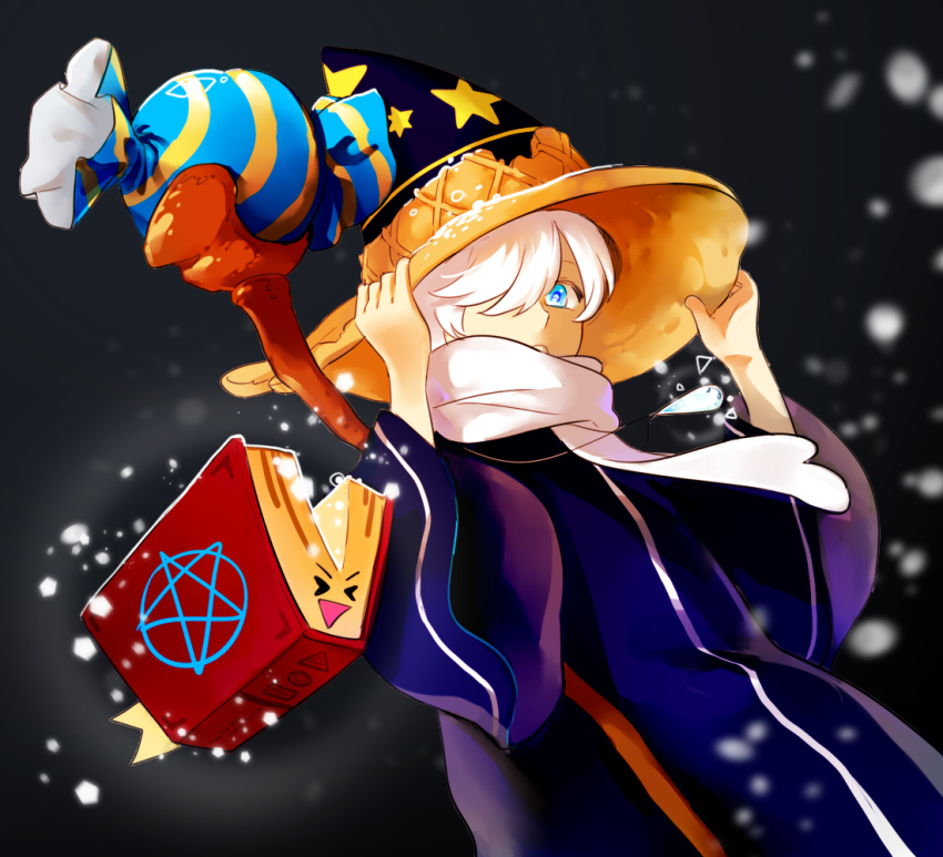 1boy, arms_up, artist_name, blue_shirt, brown_pants, commentary_request, cookie_run, cookie_run:_ovenbreak, diagonal_stripes, humanization, ice_cream_cone, long_sleeves, necktie, pants, red_necktie, red_scarf, round_eyewear, scarf, shirt, short_hair, solo, striped_clothes, striped_necktie, striped_scarf, twice12314, user_yaru8234, waffle_cone, white_hair, wizard, wizard_cookie