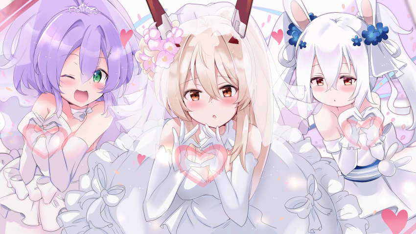 3girls, ;d, alternate_costume, animal_ears, ayanami_(azur_lane), ayanami_(retrofit)_(azur_lane), azur_lane, bare_shoulders