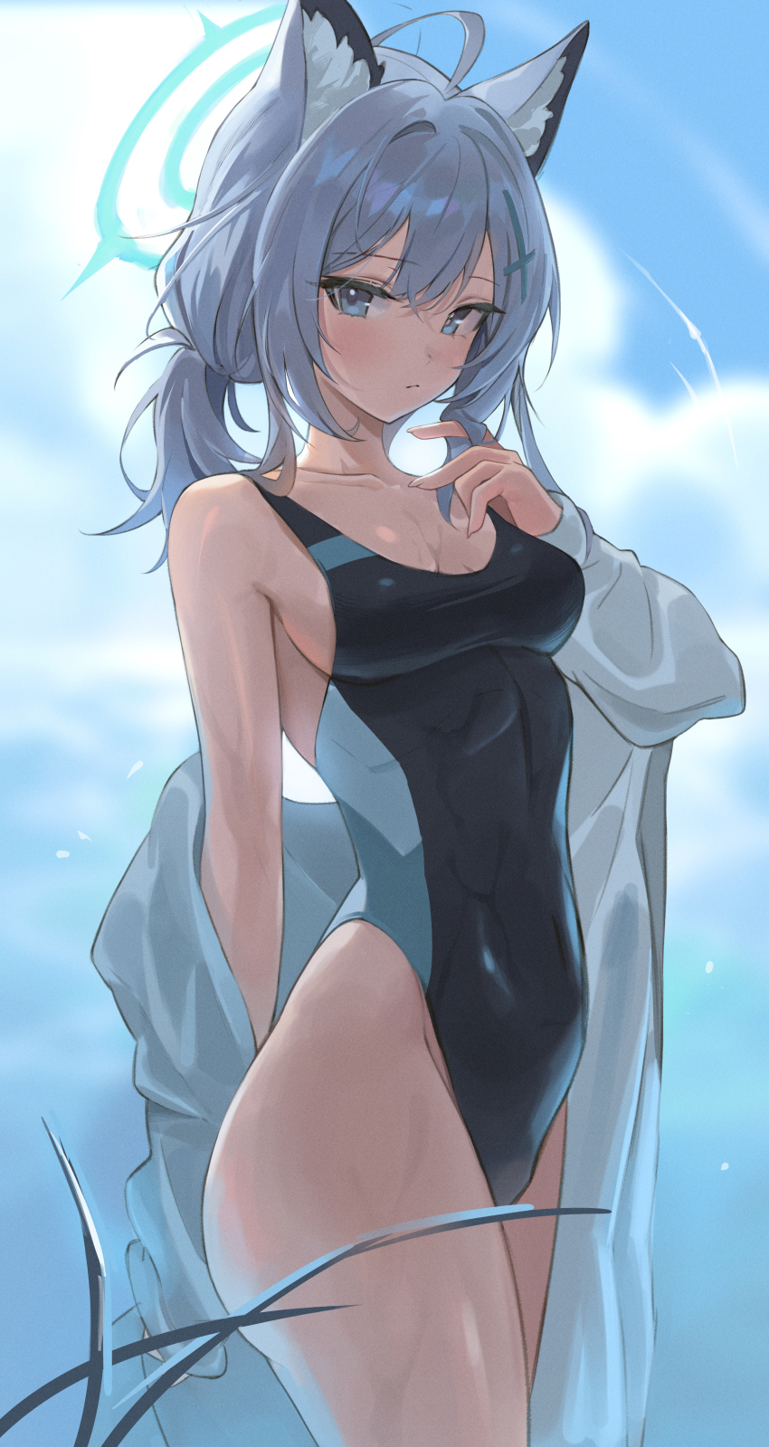 1girl, absurdres, ahoge, animal_ear_fluff, animal_ears, bare_shoulders, black_one-piece_swimsuit, blue_archive
