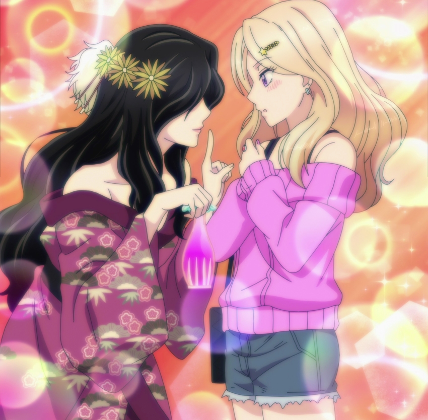 2girls, anime_screenshot, bare_shoulders, black_hair, blonde_hair, earrings, fujiwara_suiu, highres