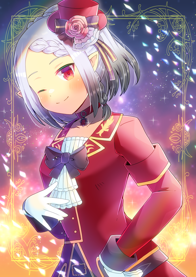 1girl, choker, dress, gloves, gradient_hair, grey_hair, hand_on_own_chest, hat