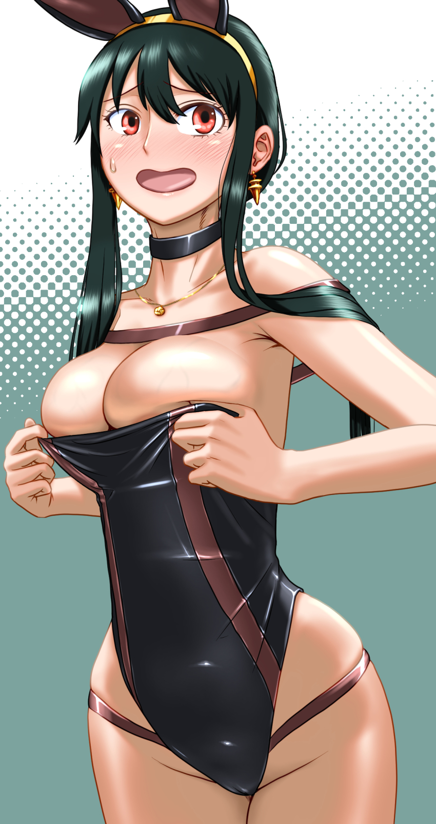 1girl, alternate_costume, bare_shoulders, black_choker, black_hair, black_leotard, blush, breasts, choker, cleft_of_venus, ear_blush, earrings, embarrassed, furrowed_brow, gold_earrings, gold_hairband, gold_necklace, green_background, groin, hadairo_rainbow, hairband, highres, jewelry, large_breasts, leotard, leotard_tug, long_hair, looking_to_the_side, looking_up, necklace, open_mouth, playboy_bunny, raised_eyebrows, red_eyes, short_hair_with_long_locks, sidelocks, skindentation, solo, spy_x_family, strapless, strapless_leotard, sweatdrop, thighs, undersized_clothes, wide_hips, yor_briar