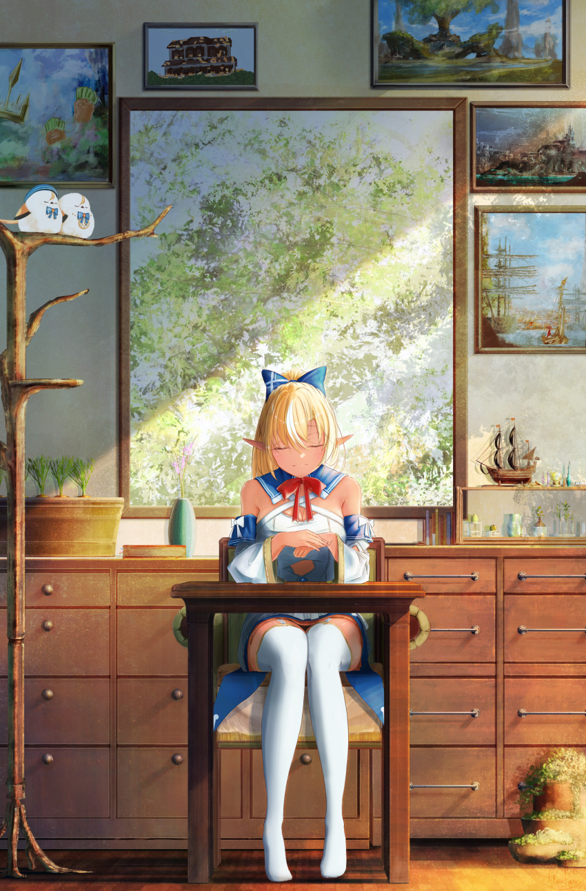 1girl, absurdres, blonde_hair, dark-skinned_female, dark_elf, dark_skin, detached_sleeves, elf, elfriend_(shiranui_flare), hair_ribbon, harusame_meronn, high_ponytail, highres, hololive, hololive_fantasy, long_hair, multicolored_hair, pointy_ears, ponytail, ribbon, scenery, shiranui_flare, shiranui_flare_(1st_costume), streaked_hair, thighhighs, thighs, virtual_youtuber, zettai_ryouiki