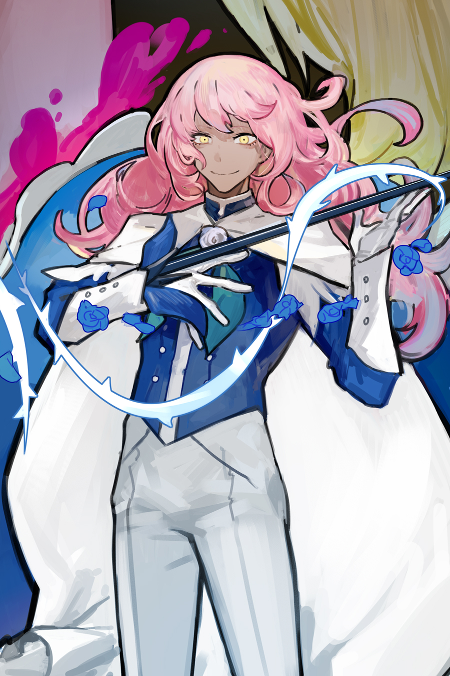 1other, black_background, blood, blue_flower, blue_rose, dark_skin, flower, gloves, highres, long_hair, nishikujic, pants, petals, pink_blood, pink_hair, project_moon, rose, rose_petals, taii_(project_moon), white_footwear, white_gloves, white_pants, wonderlab, yellow_eyes