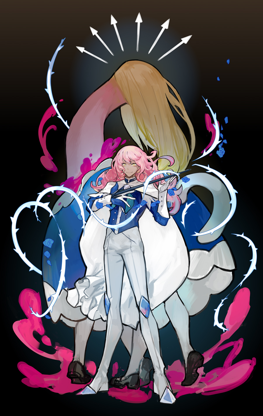 1other, a_party_everlasting, black_background, blonde_hair, blood, blue_flower, blue_rose, dark_skin, flower, gloves, highres, long_hair, nishikujic, pants, petals, pink_blood, pink_hair, project_moon, rose, rose_petals, taii_(project_moon), white_footwear, white_gloves, white_pants, wonderlab, yellow_eyes