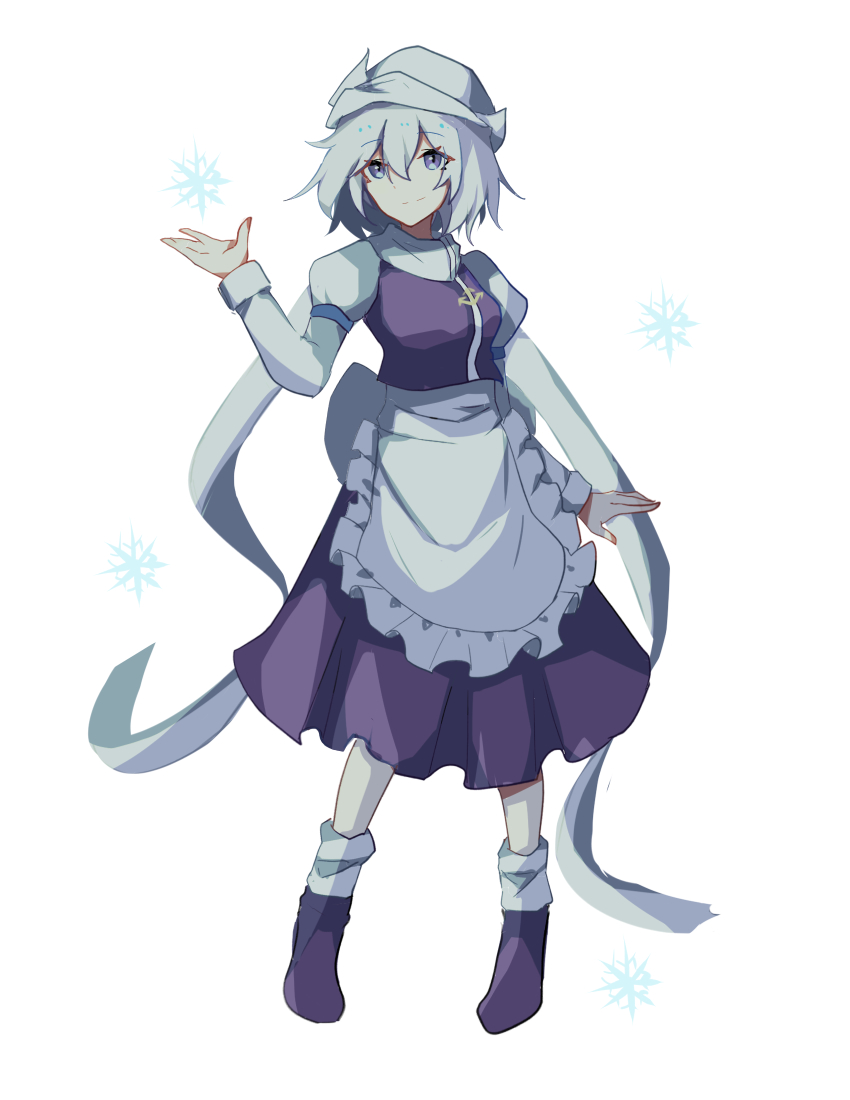 1girl, apron, closed_mouth, full_body, hair_between_eyes, hand_up, hat, highres