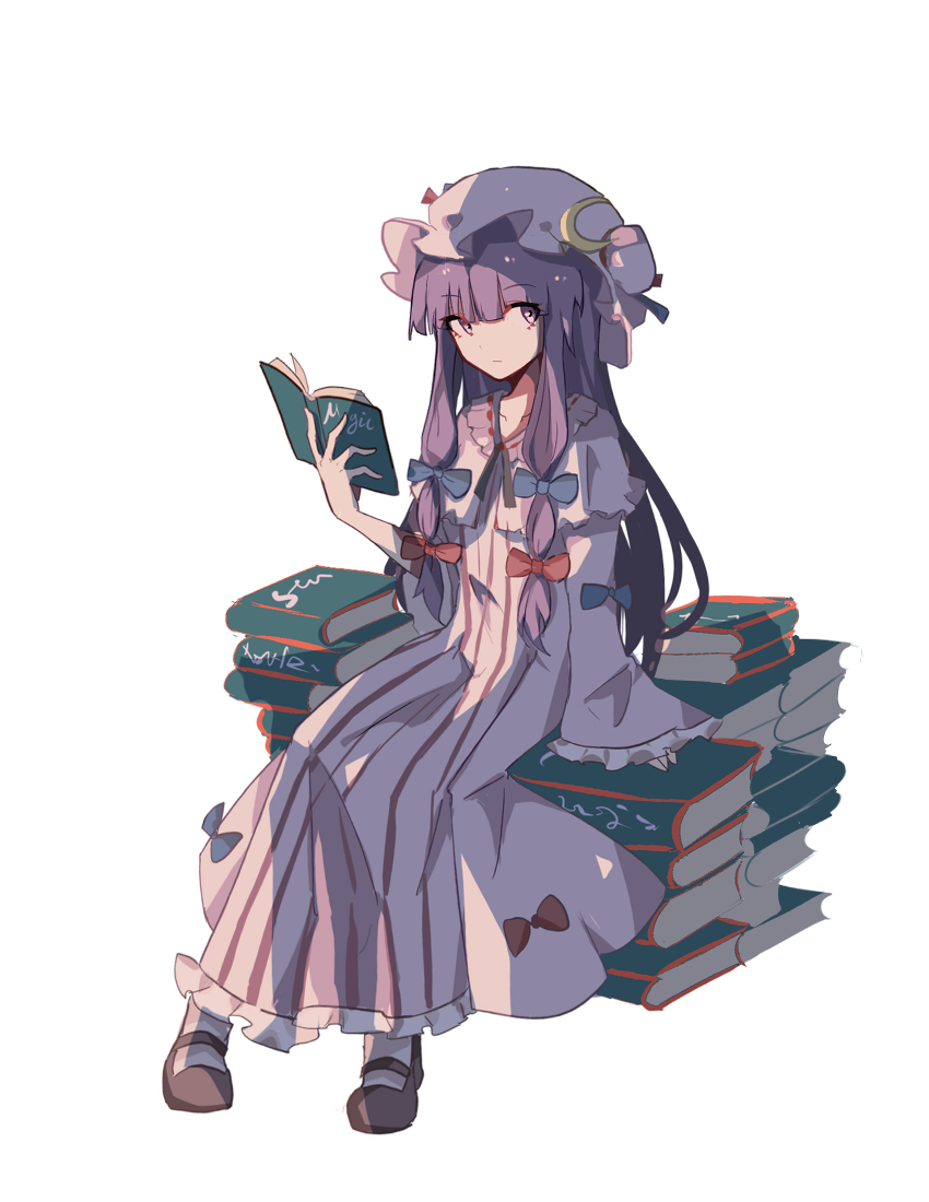 1girl, :|, black_shoes, blue_bow, blue_ribbon, book, book_stack, bow