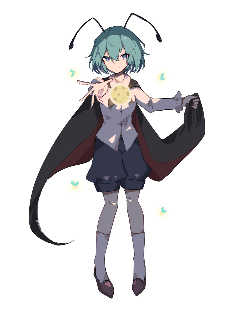 1girl, antennae, black_cape, blue_eyes, blue_shorts, brown_shoes, cape, cape_hold