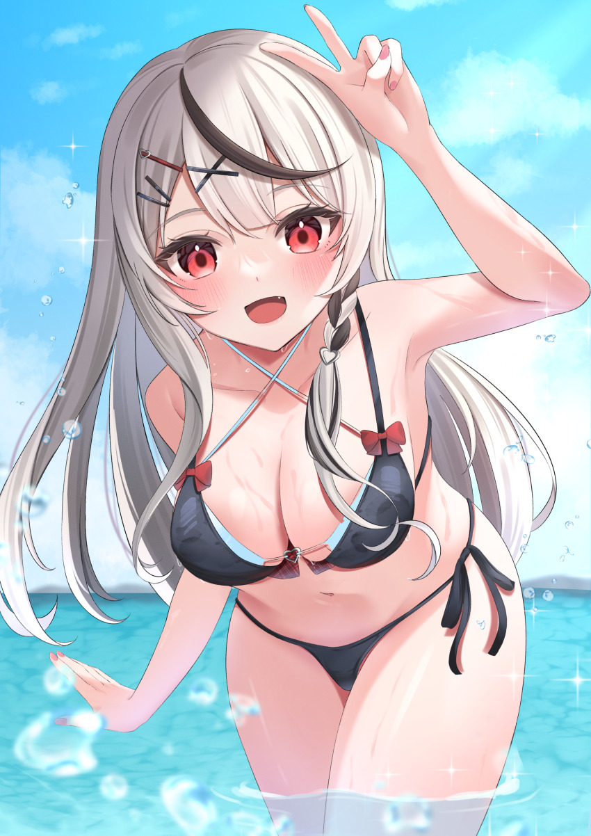 1girl, absurdres, arm_up, bad_id, bad_pixiv_id, bare_arms, bikini, black_bikini