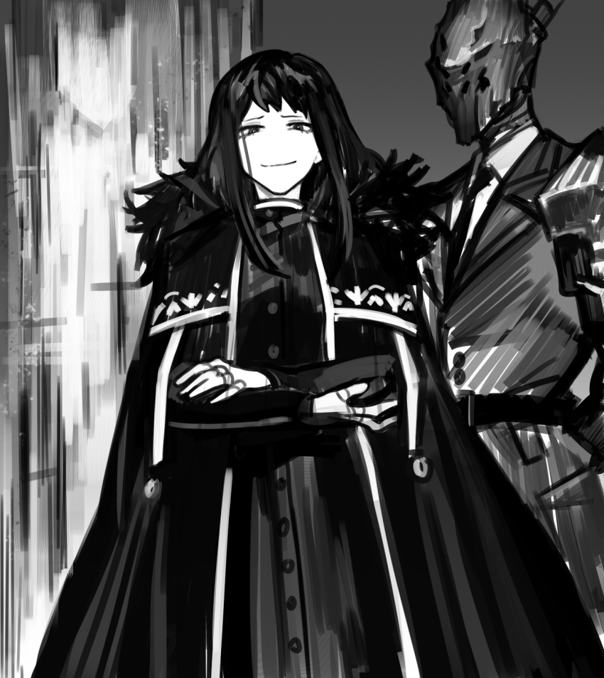 1boy, 1girl, 1other, baral_(project_moon), black_coat, black_necktie, coat, crossed_arms, formal_clothes, fur_trim, greyscale, highres, jewelry, library_of_ruina, luda_(project_moon), mask, monochrome, necktie, nishikujic, project_moon, ring, shirt, suit, white_shirt, zena_(project_moon)