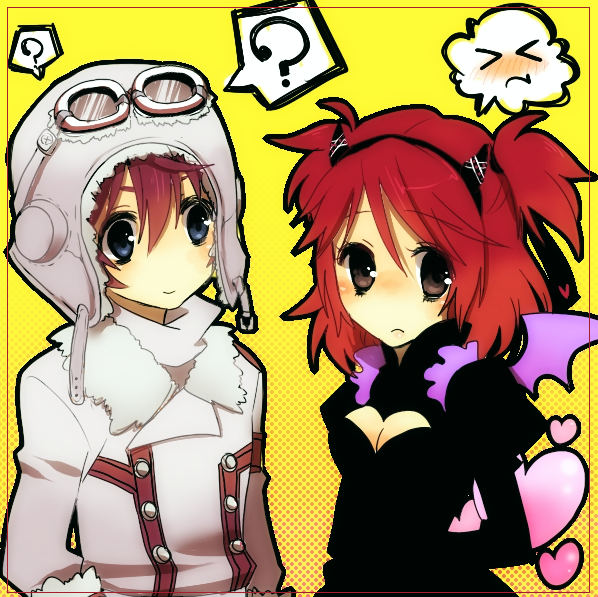 1boy, 1girl, ?, alternate_costume, asbel_lhant, blue_eyes, breasts, brown_eyes