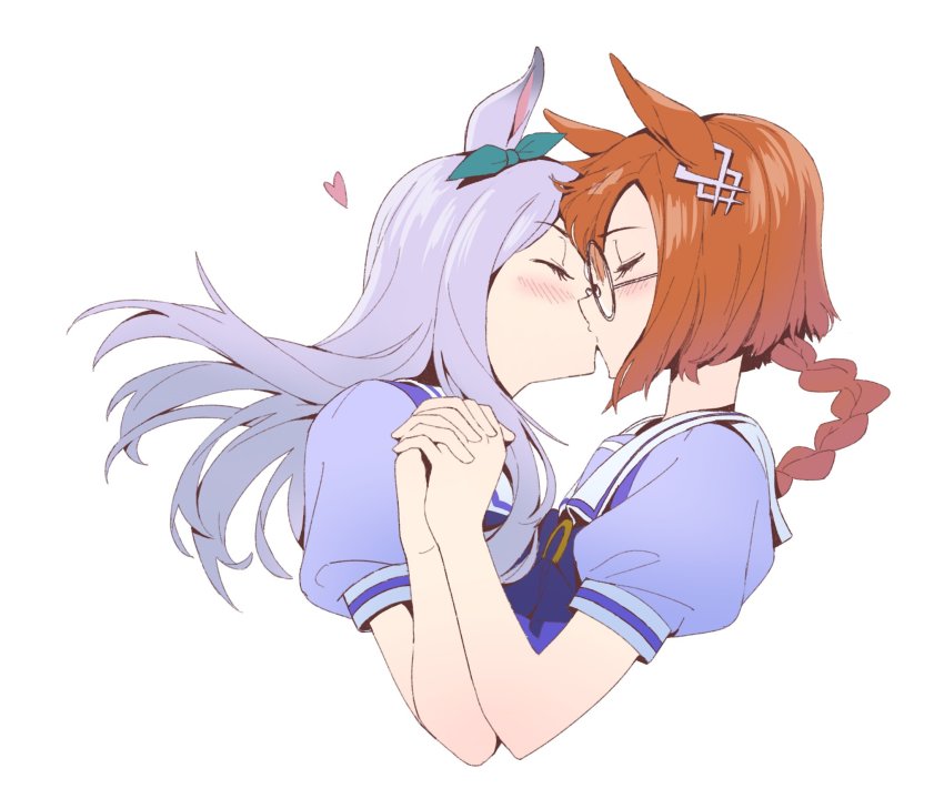 2girls, animal_ears, blush, braid, braided_ponytail, brown_hair, closed_eyes, cropped_torso