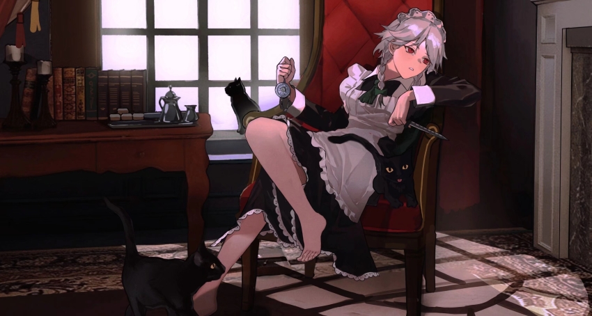1girl, apron, ascot, barefoot, black_cat, black_dress, book, bow, braid, candlestand, carpet, cat, chair, chinese_commentary, commentary, creamer_(vessel), curtains, dress, fireplace, frilled_dress, frills, frown, full_body, green_ascot, green_bow, grey_hair, hair_bow, highres, holding, holding_knife, holding_pocket_watch, indoors, izayoi_sakuya, knife, long_hair, long_sleeves, looking_to_the_side, maid_apron, maid_headdress, on_chair, parted_lips, pocket_watch, red_eyes, sidongziban, sitting, sleeve_cuffs, solo, teapot, touhou, tray, tsurime, twin_braids, watch, white_apron, window, yunnio