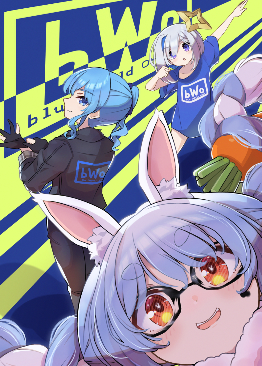 3girls, absurdres, amane_kanata, animal_ear_fluff, animal_ears, blue_eyes, blue_hair, blue_world_order