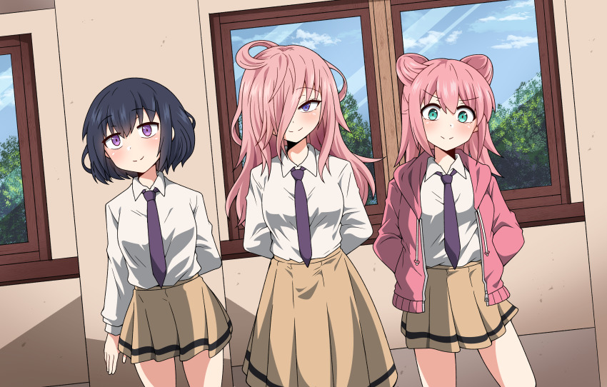 3girls, absurdres, arm_behind_back, blonde_hair, blue_eyes, green_eyes, highres, katou_asuka, looking_at_viewer, multiple_girls, necktie, nemoto_hina, official_alternate_hair_length, official_alternate_hairstyle, pink_hair, pleated_skirt, purple_eyes, school_uniform, shirt, short_hair, skirt, smile, split_mouth, tamura_yuri, watashi_ga_motenai_no_wa_dou_kangaetemo_omaera_ga_warui!, yanghyeok