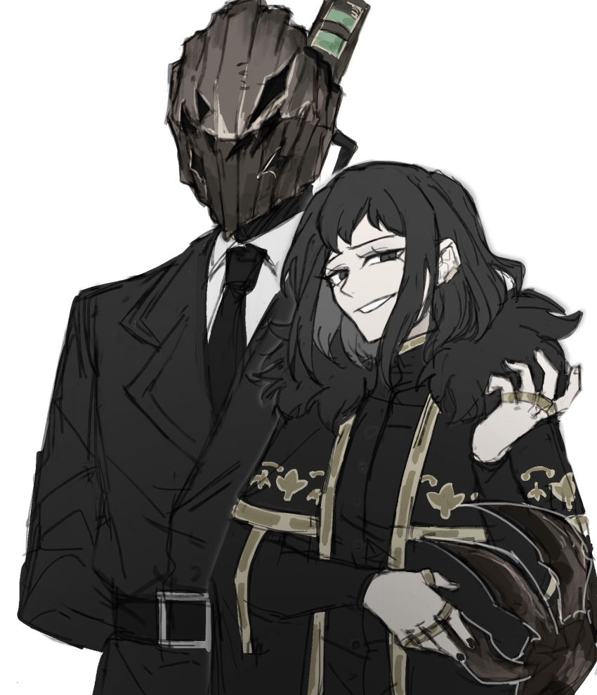1boy, 1girl, baral_(project_moon), belt, black_coat, black_eyes, black_hair, black_nails, black_necktie, claw_(weapon), coat, earrings, formal_clothes, fur_trim, gold_trim, highres, jewelry, kelala_r, library_of_ruina, mask, medium_hair, nail_polish, necktie, project_moon, ring, shirt, smirk, suit, vial, weapon, white_background, white_shirt, zena_(project_moon)