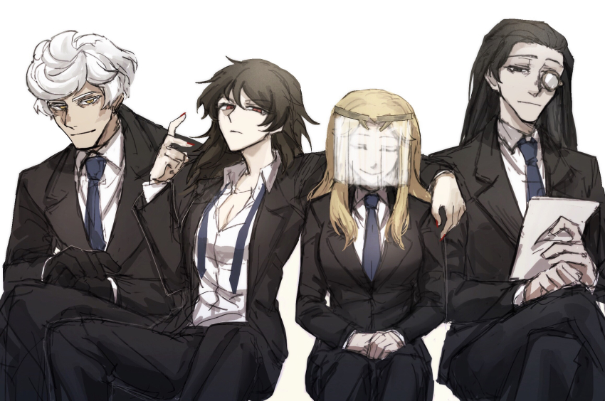 2boys, 2girls, black_gloves, black_hair, blonde_hair, breasts, cleavage, closed_eyes, crossed_legs, eileen_(project_moon), elena_(project_moon), formal_clothes, gloves, highres, jae-heon, kelala_r, library_of_ruina, long_hair, monocle, multiple_boys, multiple_girls, nail_polish, necktie, paper, pluto_(project_moon), project_moon, red_eyes, red_nails, short_hair, suit, veil, white_background, white_hair, yellow_eyes