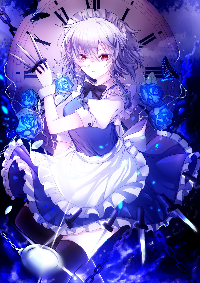 1girl, absurdres, apron, black_bow, black_bowtie, black_thighhighs, blue_butterfly, blue_dress, blue_flower, blue_rose, bow, bowtie, braid, bug, butterfly, cangxxx, chain, chinese_commentary, clock, closed_mouth, collared_shirt, commentary_request, cowboy_shot, dress, expressionless, flower, green_bow, grey_hair, hair_between_eyes, hair_bow, hand_up, highres, holding, holding_knife, insect, izayoi_sakuya, knife, leaf, long_hair, looking_at_viewer, maid, maid_headdress, pocket_watch, puffy_short_sleeves, puffy_sleeves, red_eyes, rose, shirt, short_sleeves, sleeve_cuffs, solo, thighhighs, thorns, touhou, twin_braids, waist_apron, watch, white_apron, white_shirt, wrist_cuffs