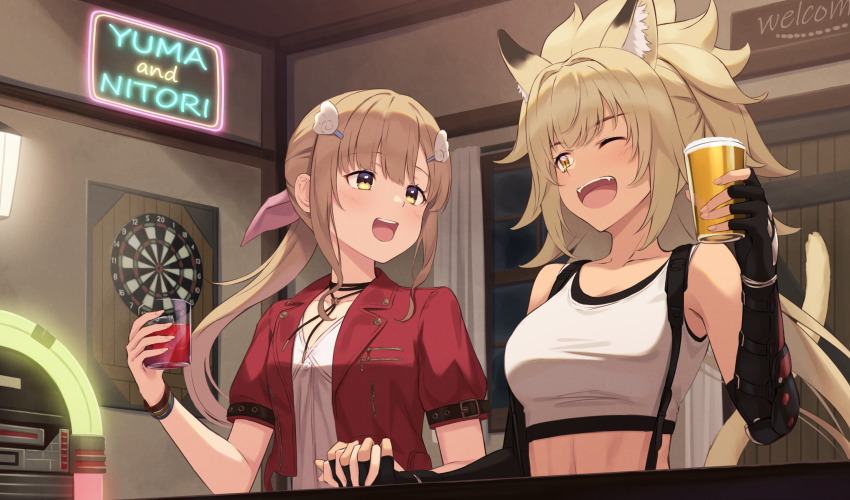 2girls, aerith_gainsborough, aerith_gainsborough_(cosplay), alcohol, animal_ears, bar_(place), beer, blonde_hair, blush, bracelet, breasts, brown_hair, cat_ears, cat_tail, choker, cosplay, cropped_jacket, cup, curtains, dartboard, dress, elbow_pads, fangs, final_fantasy, final_fantasy_vii, final_fantasy_vii_remake, fingerless_gloves, gloves, hair_between_eyes, hair_ornament, hair_ribbon, hairclip, highres, holding, holding_cup, holding_hands, indie_virtual_youtuber, indoors, jacket, jewelry, jukebox, large_breasts, long_hair, midriff, multiple_girls, neon_lights, nitori_harukawa, nuenue, one_eye_closed, open_mouth, pink_dress, ponytail, red_jacket, ribbon, seventh_heaven, shirt, short_sleeves, sidelocks, small_breasts, smile, sports_bra, suspenders, tail, tavern, teeth, tifa_lockhart, tifa_lockhart_(cosplay), upper_teeth_only, virtual_youtuber, white_shirt, window, yellow_eyes, yuma_yamano
