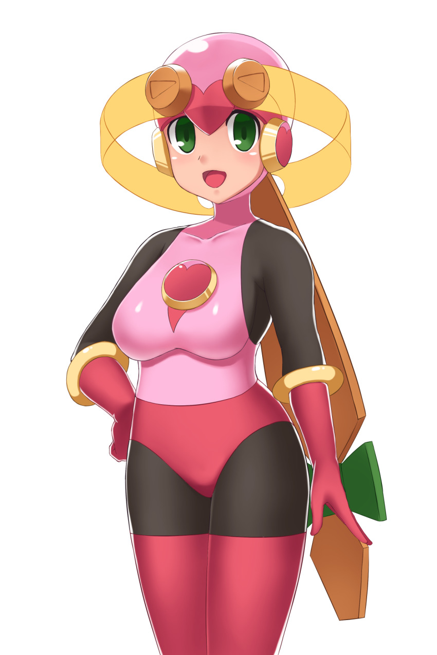 1girl, alternate_breast_size, blonde_hair, bodysuit, gloves, green_eyes, hand_on_own_hip, helmet, highres, kakikorori, leotard, light_blush, long_hair, looking_at_viewer, mega_man_(series), mega_man_battle_network, mega_man_battle_network_(series), pink_bodysuit, pink_gloves, pink_leotard, roll.exe_(mega_man), simple_background, smile, solo, thighhighs, white_background