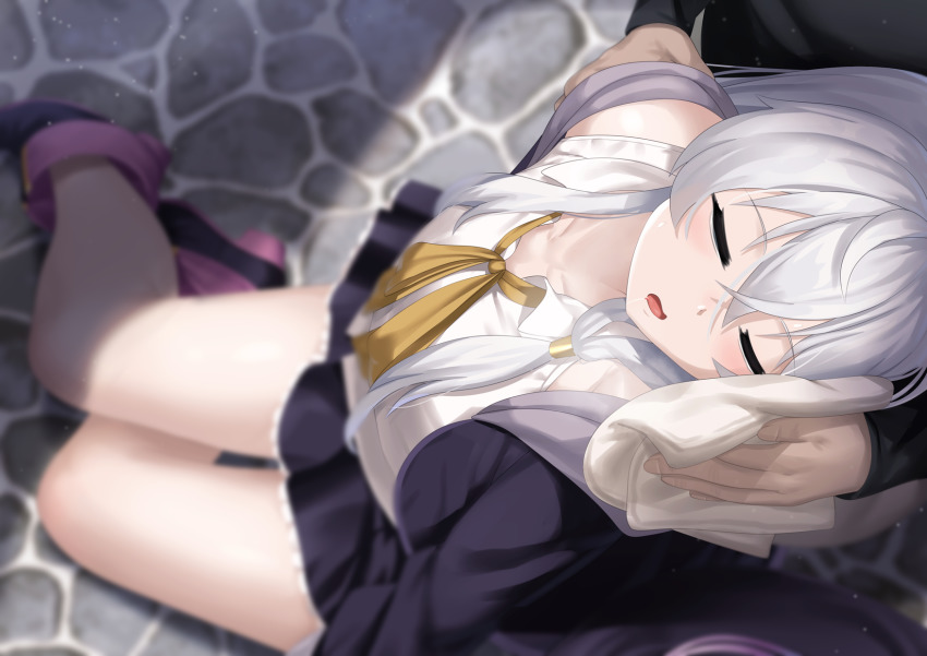 1girl, bare_legs, black_coat, black_footwear, black_shirt, black_skirt, blurry, blurry_background