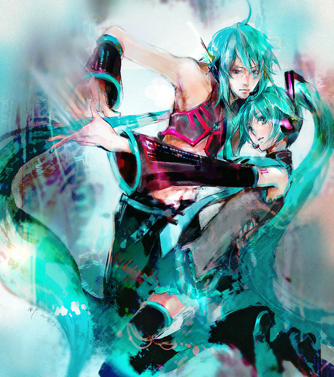 1boy, 1girl, aqua_eyes, aqua_hair, detached_sleeves, genderswap, genderswap_(ftm), hatsune_miku, hatsune_mikuo, headphones, headset, long_hair, nekoif, thighhighs, twintails, vocaloid