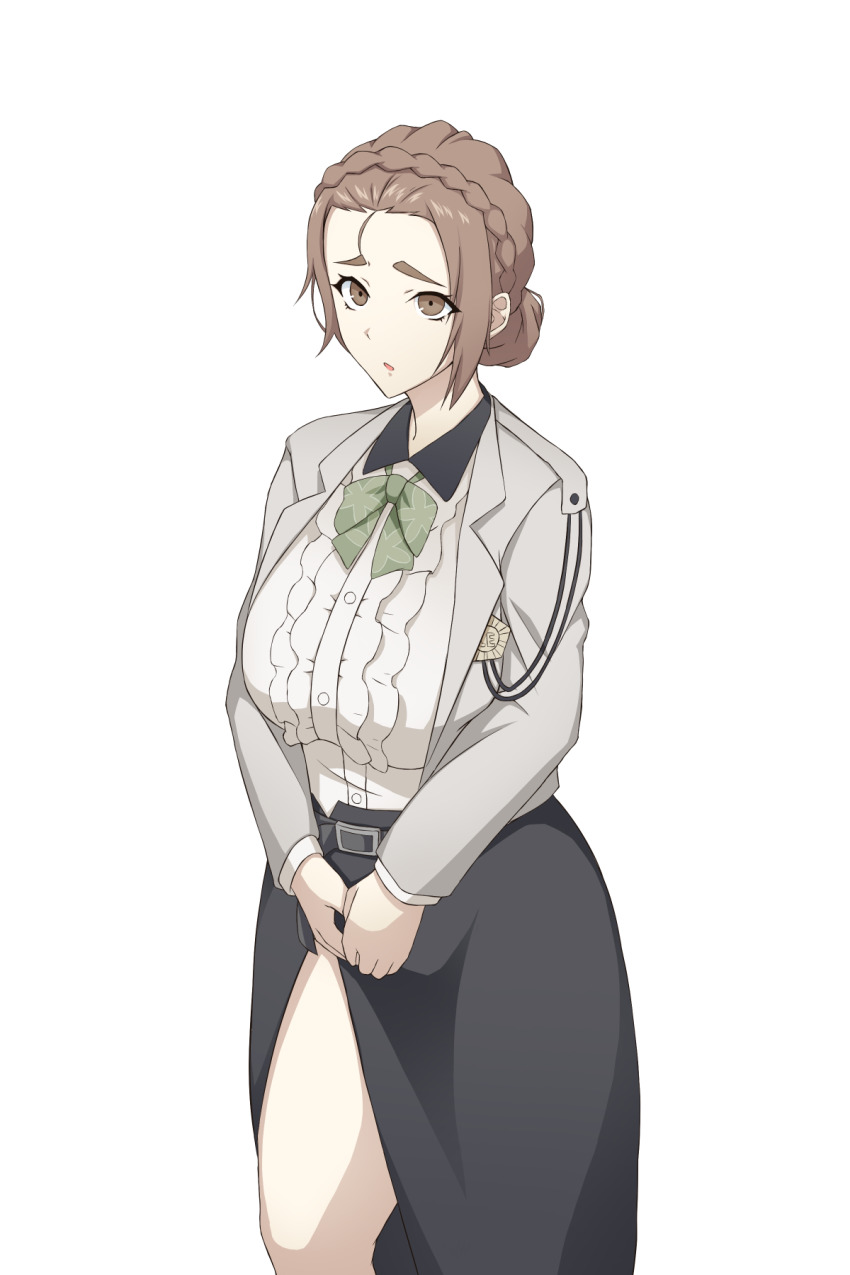 1girl, belt, black_collar, black_skirt, bow, bowtie, braid, breasts