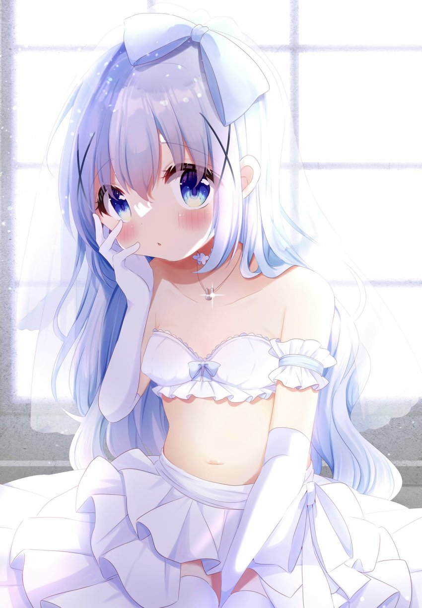 1girl, between_legs, blue_eyes, blue_hair, blush, bow, bra, breasts