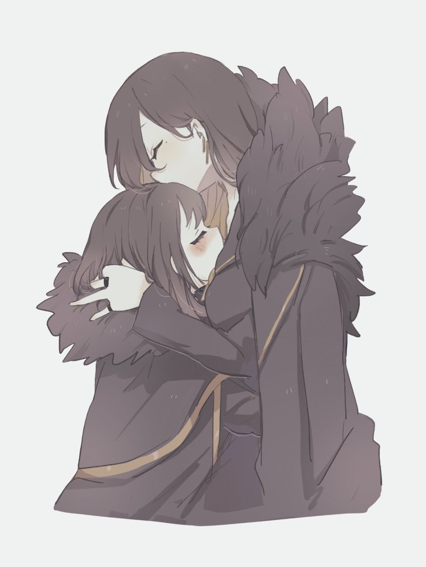 2girls, binah_(project_moon), black_coat, black_hair, blush, coat, earrings, ee_extension_02