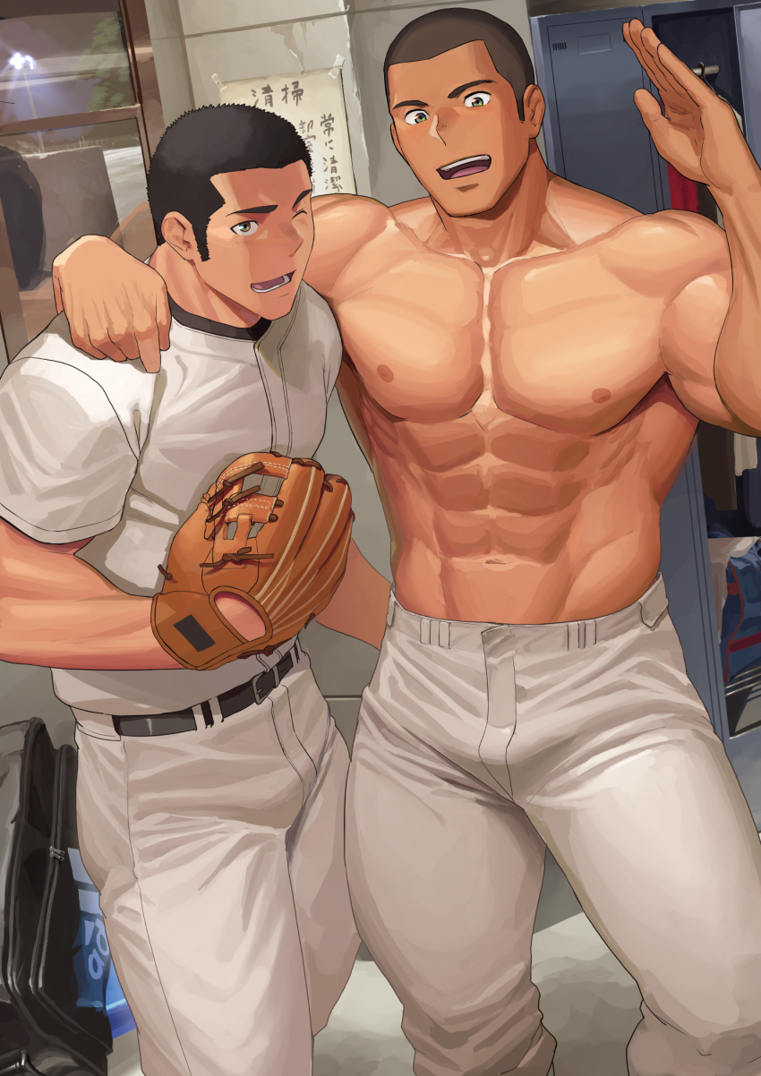 2boys, ;d, abs, bag, bara, baseball_glove, bike_shorts, black_hair
