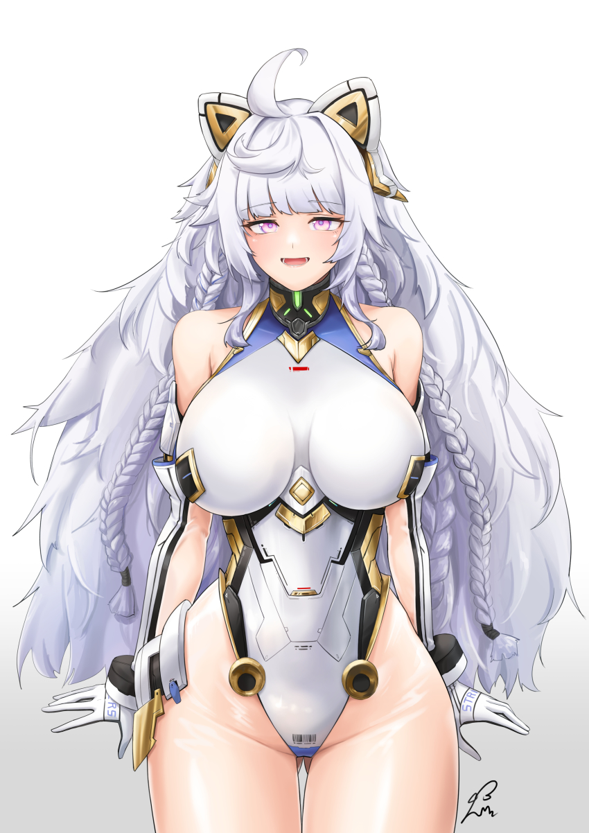 1girl, absurdres, ahoge, blush, braid, breasts, elbow_gloves, gloves, heattech_leotard, highres, huge_ahoge, impossible_clothes, impossible_leotard, large_breasts, last_origin, leotard, long_hair, looking_at_viewer, multiple_braids, open_mouth, purple_eyes, signature, simple_background, smile, solo, ssalu, thigh_gap, turtleneck, ullr_(last_origin), very_long_hair, white_background, white_gloves, white_hair, wide_hips