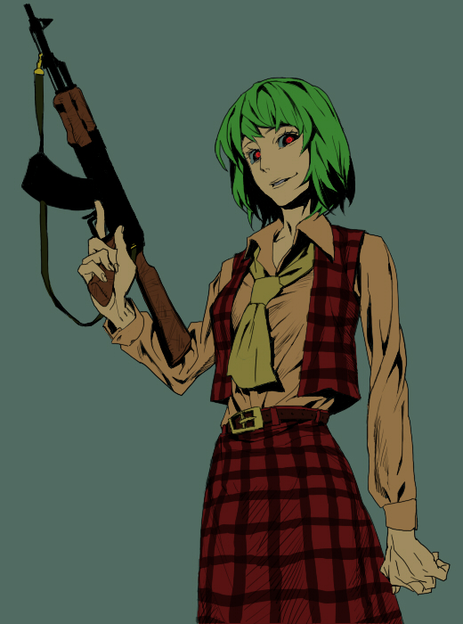 1girl, ak-47, ascot, assault_rifle, belt, black_sclera, colored_sclera, dress