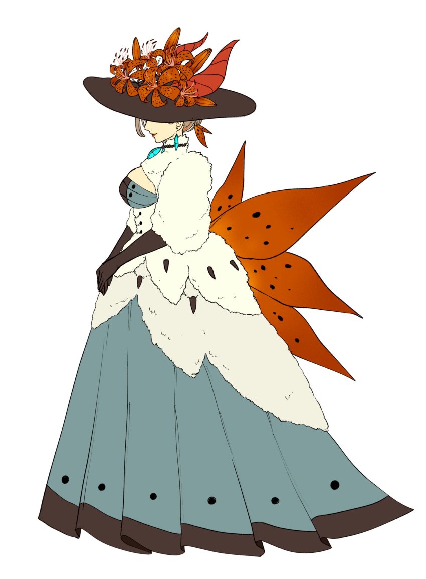 1girl, black_gloves, black_hat, blue_dress, blue_gem, breasts, brooch, brown_hair