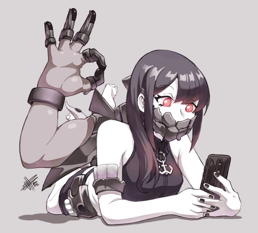 abyssal_ship, black_hair, cellphone, feet, kantai_collection, lying, mateus_upd, ok_sign, outer_southern_sea_destroyer_princess, phone, red_eyes, ship, skirt, watercraft, white_skirt