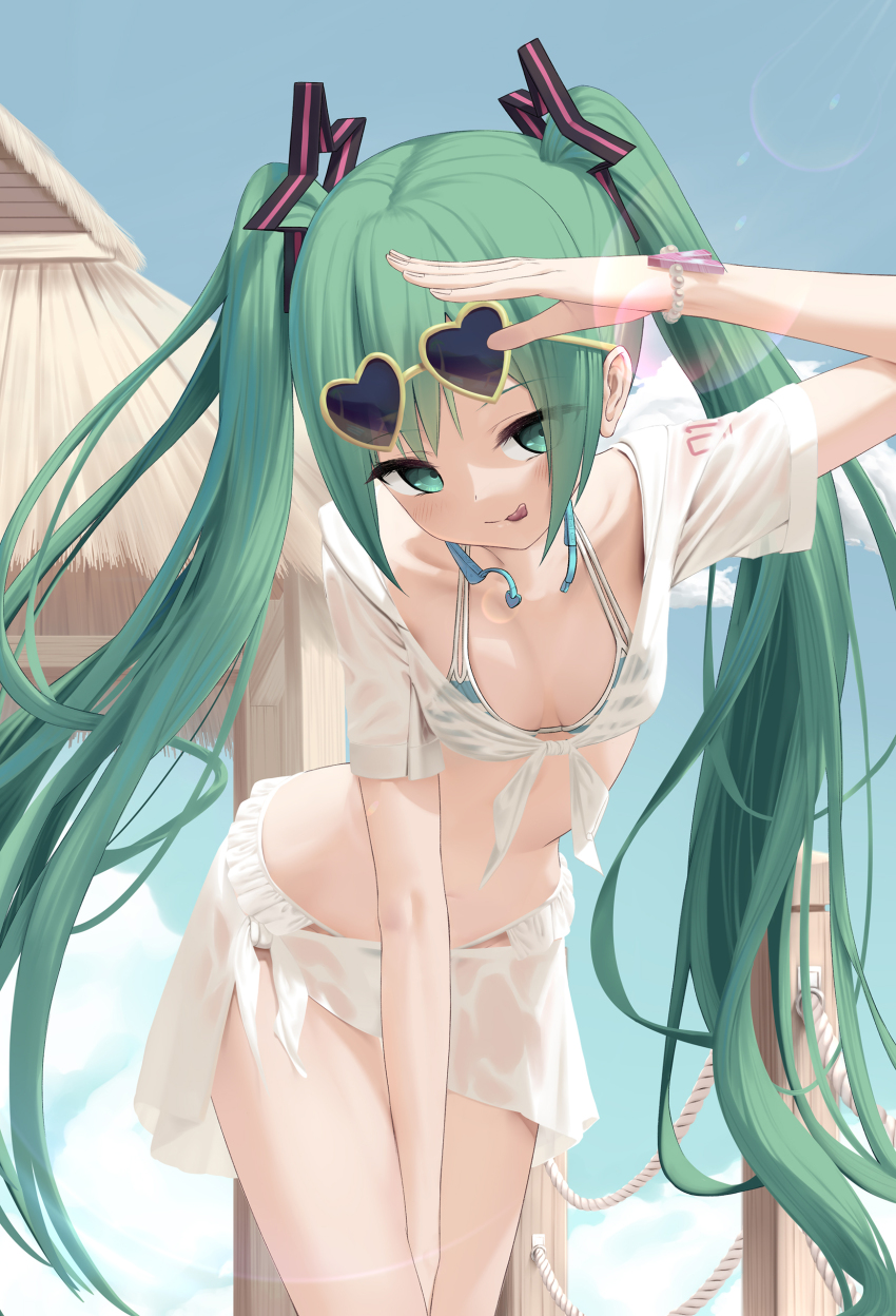 1girl, absurdres, aqua_eyes, aqua_hair, bikini, bikini_under_clothes, eyewear_on_head, frilled_bikini
