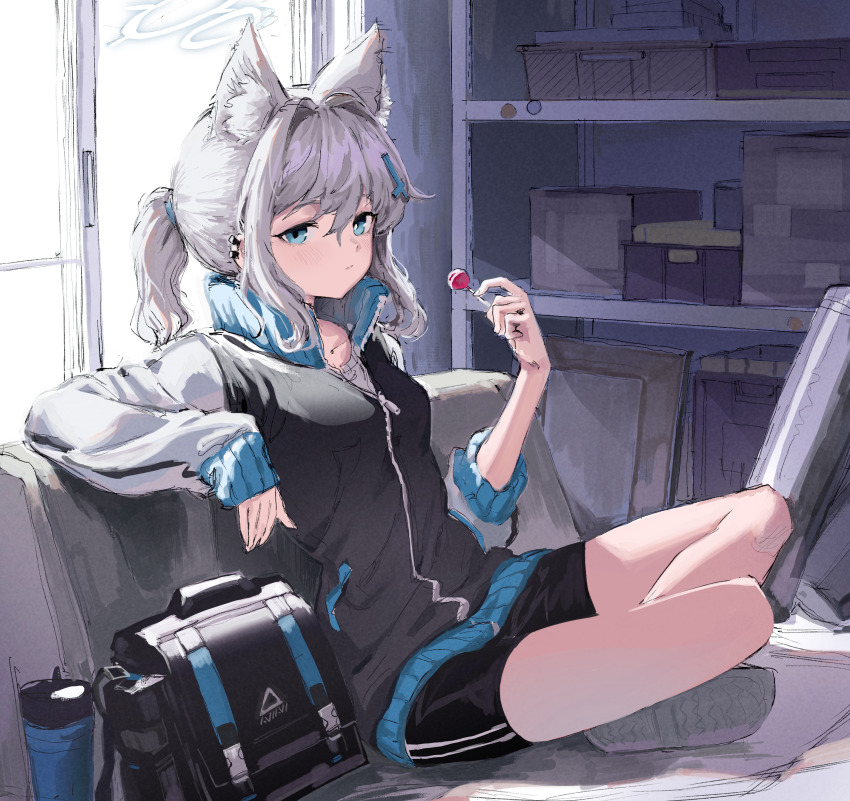 1girl, absurdres, animal_ear_fluff, animal_ears, arm_rest, bag, bike_shorts, black_shorts